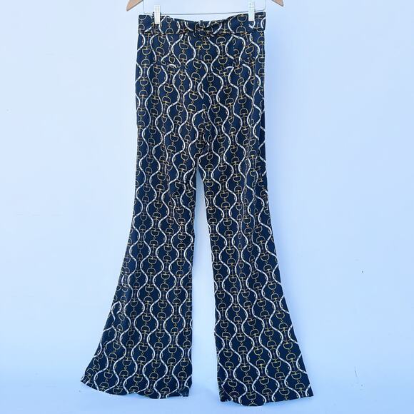 Zara Wide Leg Flare Belt Horsebit Chain Pattern Pants Festive Small High Rise - Picture 3 of 12